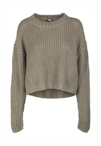 Olivgrüner gestrickter Pullover mit cropped Design, Rundhalsausschnitt und langen Ärmeln. Textiles Material mit lockerer Passform und gerippten Bündchen.