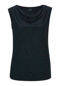 Mouwloze top in donkerteal met een cowl halslijn. Heeft een textuur golfpatroon en een gladde stofafwerking. Klassieke pasvorm en eenvoudige constructie.