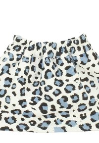 Gonna a fantasia leopardata con pieghe; presenta colori nero, blu e bianco; vita elastica; tessuto morbido e design casual.