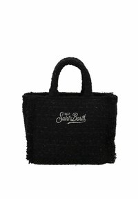 Sort flettet tote taske med tekstureret stof, korte håndtag og broderet "MC2 Saint Barth" logo på forsiden.