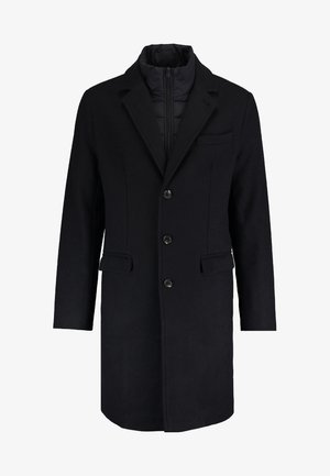 Manteau en mélange de laine noire au design ajusté, avec des revers crantés, une fermeture à boutons simples, deux poches avant et une doublure intérieure zippée cachée.