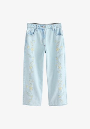 Hellblaue Jeans aus Denim mit weitem Bein, versehen mit floraler Stickerei in Weiß und Gelb entlang der Seiten. Klassisches Fünf-Taschen-Design.