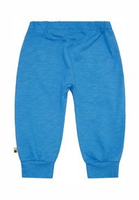 Blauwe sweatpants van zachte stof, met een elastische tailleband, taps toelopende boorden en een klein kleurgeblokte label aan de zijkant.