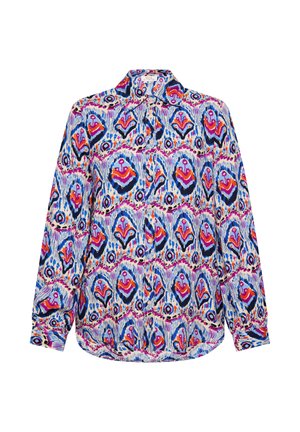 Cămașă cu mâneci lungi, cu un material colorat, cu nuanțe de albastru, roz și portocaliu. Design clasic cu guler și închidere cu nasturi.