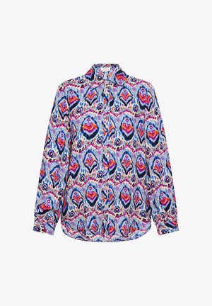 Hosszú ujjú ing, színes mintás anyaggal, kék, rózsaszín és narancssárga árnyalatokban. Klasszikus gallér és gombos elülső kialakítás.