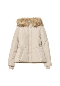 Giacca invernale trapuntata beige con bottoni frontali, tasche laterali, fasce in vita regolabili e colletto in pelliccia sintetica marrone.