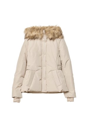 Veste d'hiver matelassée beige avec des boutons sur le devant, des poches latérales, des pattes de taille réglables et un col en fausse fourrure marron.