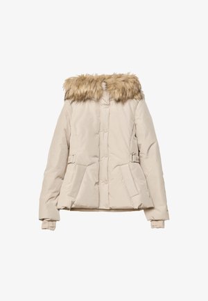 Beige padded winter jacket with front buttons, side pockets, adjustable waist tabs, and a brown faux fur collar.
