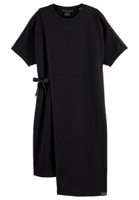 Vestido midi negro de manga corta con escote redondo y detalle de lazo lateral que crea un panel frontal superpuesto.