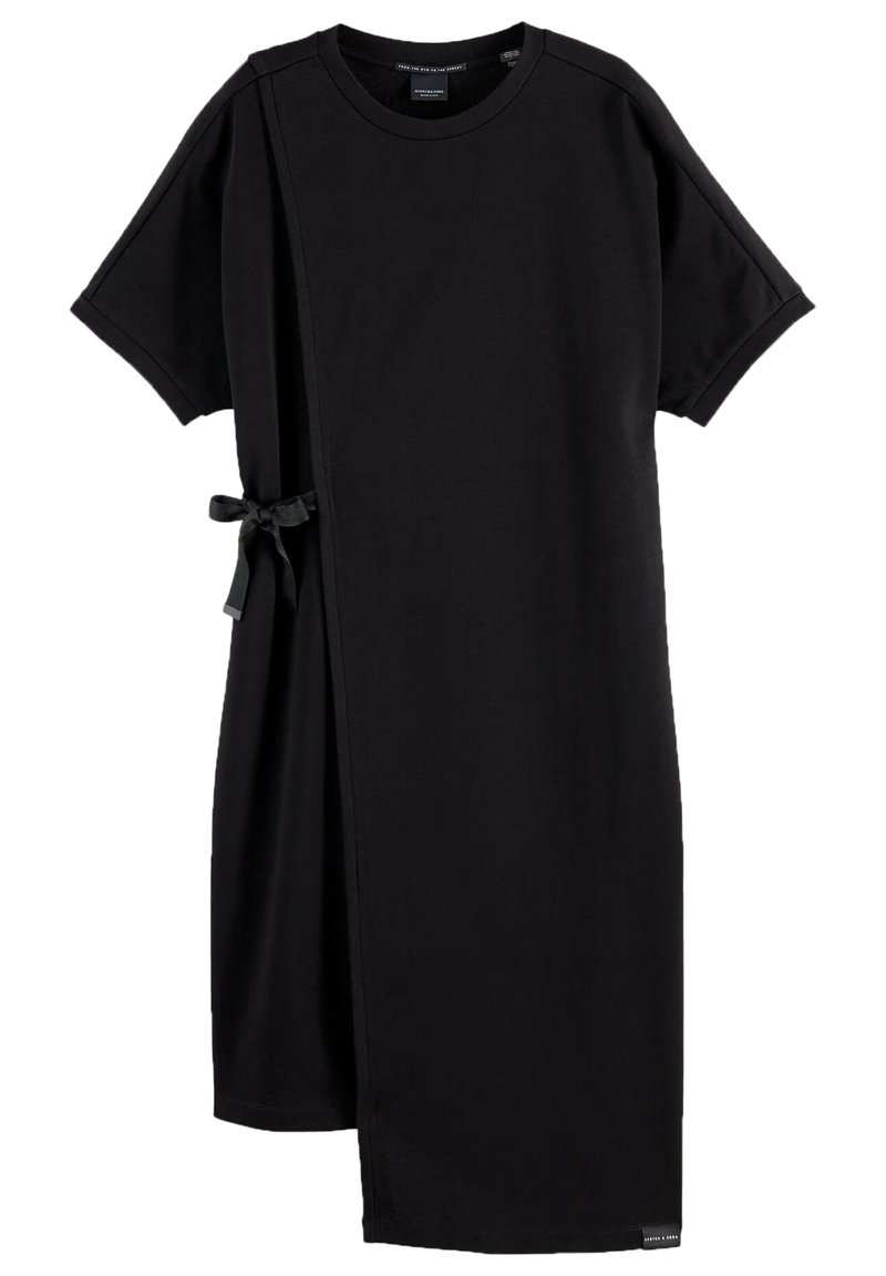 Vestido midi negro de manga corta con escote redondo y detalle de lazo lateral que crea un panel frontal superpuesto.