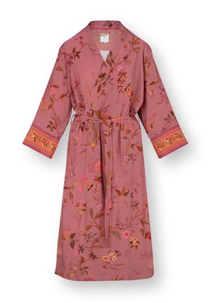 Roze kamerjas met bloemenpatroon, lange mouwen, tailleceintuur en een zak aan de rechterkant, met oranje bloemenbies op de manchetten.