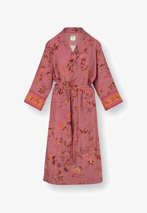 Roze kamerjas met bloemenpatroon, lange mouwen, tailleceintuur en een zak aan de rechterkant, met oranje bloemenbies op de manchetten.