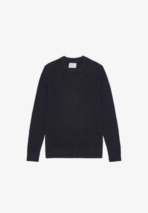 Dunkelblaues, geripptes Strickpullover mit langen Ärmeln, Rundhalsausschnitt und geradem Saum. Verfügt über eine subtile Textur und keine sichtbaren Beschläge.