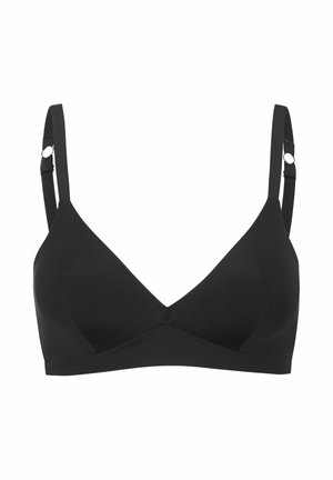 Schwarzer BH in Dreiecksform aus glattem, dehnbarem Material. Verfügt über verstellbare Träger und ein nahtloses Design mit einer einfachen, minimalistischen Ästhetik.