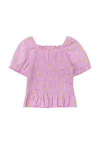 Rosa gestickte Bluse mit kurzen Puffärmeln und einem rüschengesäumten Saum, verziert mit gelben und weißen Blumenstickereien im gesamten Design.