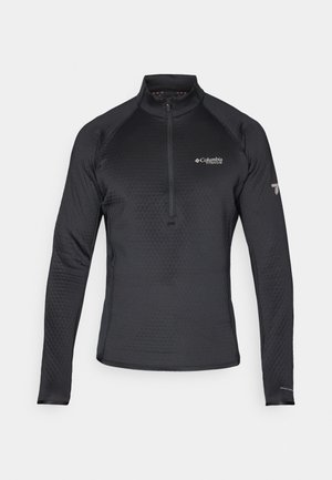 Zwart sportshirt met lange mouwen en een half-rits kraag. Gestructureerde stof en Columbia-logo op de borst en mouw.