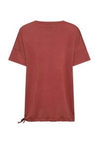 Roestkleurig dames T-shirt met korte mouwen, een ronde halslijn en een verstelbaar strikdetail aan de onderkant. Zachte, gladde stofstructuur.