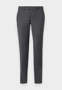 Grå skräddarsydda byxor i ett slätt, texturerat tyg. Har rak passform, framfickor och gylf med dragkedja och knappstängning.