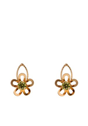 Orecchini a forma di fiore in tono oro con una pietra verde centrale, design dettagliato dei petali e anello pendente per l'attacco.