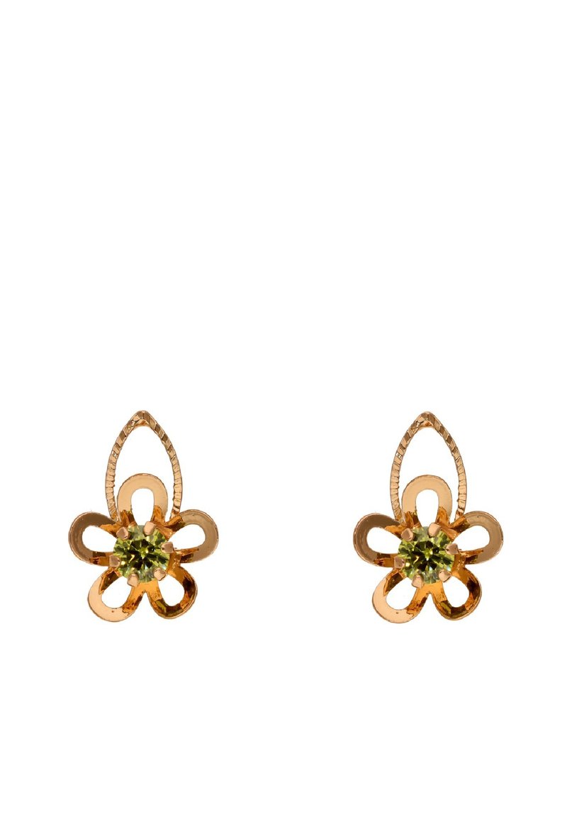 Pendientes en forma de flor con tono dorado que presentan una piedra preciosa verde central, diseño intrincado de pétalos y un lazo colgante para su sujeción.