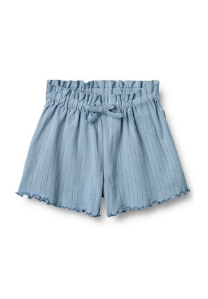 Pantaloni corti azzurri con texture a coste, cintura elasticizzata e fiocco anteriore. L'orlo presenta un bordo scallopato per un tocco di dettaglio.