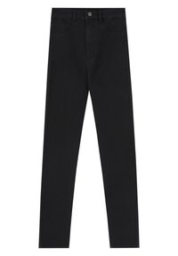 Pantalones vaqueros ajustados de denim negro con un diseño clásico de cinco bolsillos, cierre frontal con botón y tejido texturizado para mayor durabilidad.