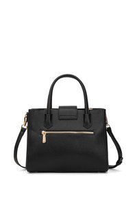 Borsa a tracolla in pelle nera con doppi manici superiori, tracolla rimovibile, tasca frontale con zip e hardware in tonalità oro. Superficie testurizzata con forma strutturata.