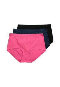 Confezione di tre slip in cotone nei colori rosa, blu navy e nero. Presentano un elastico morbido in vita e un design classico con copertura totale.