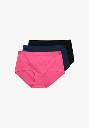 Pack of three cotton briefs in pink, navy, and black. Features a smooth waistband and classic brief design with full coverage.