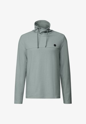 Lichtgrijze lange mouwen hoodie met een textuurstof, trekkoordcapuchon en een klein zwart rond logo op de linkerborst.