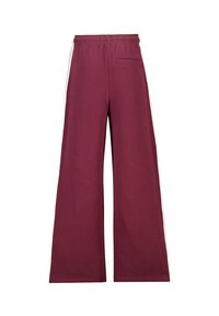 Burgundy wide-leg pants made of soft fabric, featuring a drawstring waist and white side stripes. Includes a single back pocket.