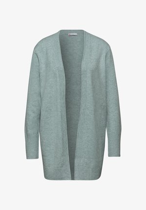 Lichtblauwe cardigan van zachte brei-kwaliteit, met een open voorzijde, lange mouwen, geribbelde details aan de randen en een ontspannen pasvorm.