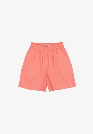 Koraalroze korte broek met elastische tailleband, voorzien van zijzakken en een losse pasvorm. Gemaakt van lichtgewicht, gladde stof.