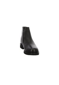 Schwarze Leder-Ankle-Boots mit glatter Oberfläche, abgerundeter Spitze, seitlichem Reißverschluss und langlebigem, niedrigem Absatz. Einfaches Design ohne Verzierungen.