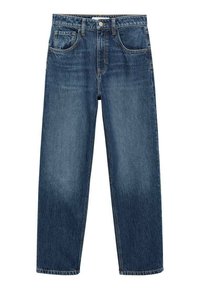 Jean en denim bleu avec une coupe droite, cinq poches et une fermeture à bouton métallique. Légèrement délavé, avec une texture lisse et des coutures classiques.