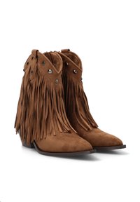 Las botas de tobillo de ante marrón presentan un largo fleco decorativo, punteras puntiagudas y acentos de tachuelas metálicas en los bordes superiores. Tienen un tacón bajo apilado.