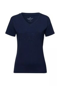 Granatowa koszulka typu V-neck, wykonana z miękkiego materiału, z napisem "DZISIAJ NOŚ DŻINSY" z akcentami z cyrkonii na piersi. Krótkie rękawy.