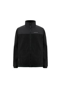 Černá fleecová bunda s vysokým límcem, zipem po celé délce a kontrastními ramenními panely. Obsahuje dvě boční kapsy a minimální branding.