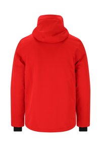 Rote wasserdichte Jacke mit Kapuze, langen Ärmeln und schwarzen Bündchen. Glatte Textur, schlichtes Design ohne sichtbare Logos oder Muster.