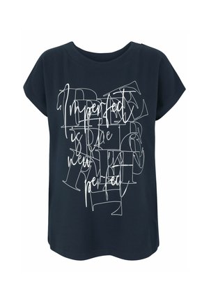 Black short-sleeve T-shirt with layered white text design that reads "Imperfect is the new perfect" in mixed fonts on the front.