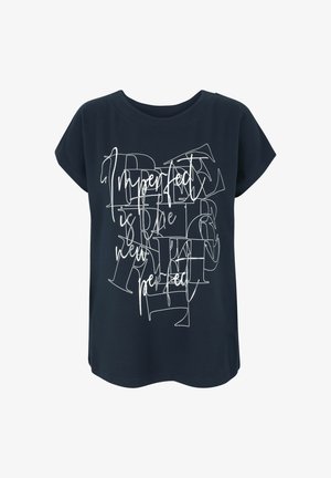 Black short-sleeve T-shirt with layered white text design that reads "Imperfect is the new perfect" in mixed fonts on the front.