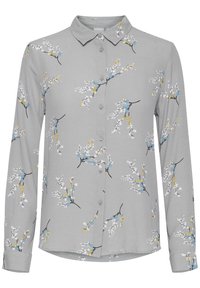 Grijze langekraagshirt met een geborduurd kraag, voorzien van een bloemmotief in wit, blauw en geel; knoopsluiting, textuurstof.