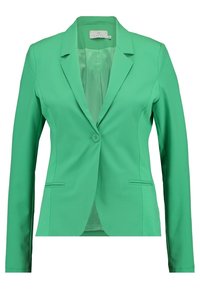 Blazer vert avec une coupe ajustée, fermeture à un bouton, revers crantés, deux poches avant et tissu léger et lisse.