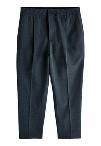 Mørkegrå plissee-bukser med glat tekstur, smal benform, elastisk taljebånd og knaplukning foran.