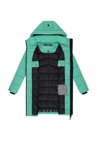 Mint green puffer jacket with a black interior. Features a zip closure, hood, and side pockets. "MARIKOO" logo printed on the hem.
