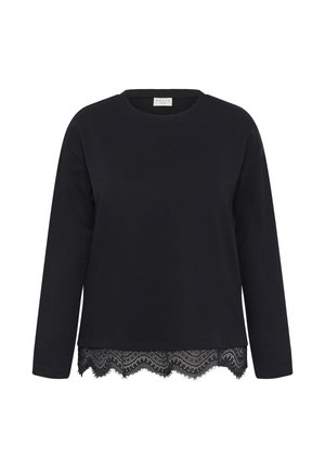 Schwarzes Langarmshirt mit Rundhalsausschnitt, Spitzenbesatz am Saum und geradem Schnitt.