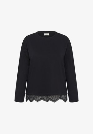 Black long-sleeve crewneck top with lace trim at the hem and a straight cut.