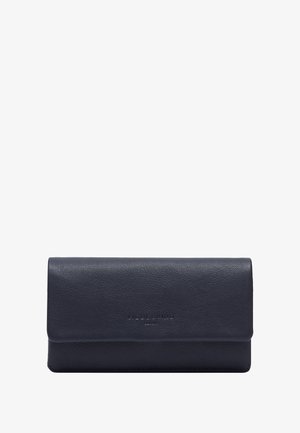 Navy leather wallet with a textured surface, fold-over design, and embossed brand logo. Compact shape suitable for cards and cash.
