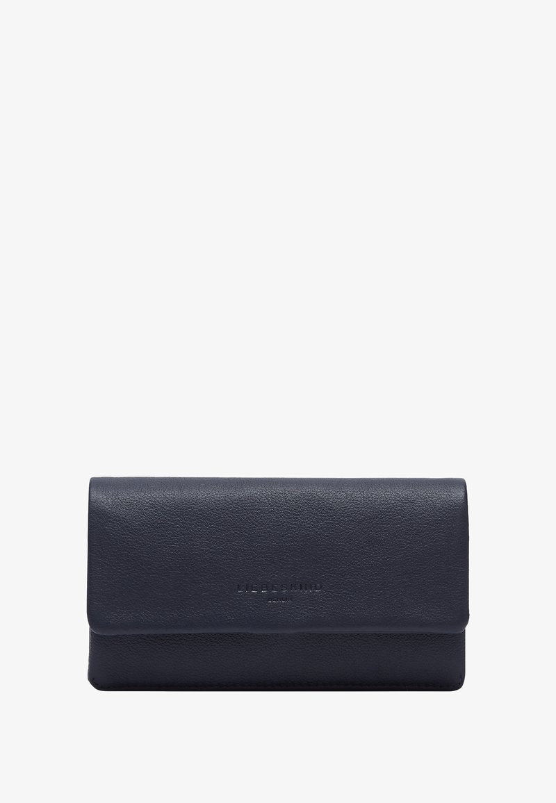 Navy leather wallet with a textured surface, fold-over design, and embossed brand logo. Compact shape suitable for cards and cash.