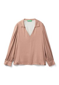 Brun mönstrad långärmad blus med V-ringning och krage. Mjukt tyg med rynkade ärmar och avslappnad passform.
